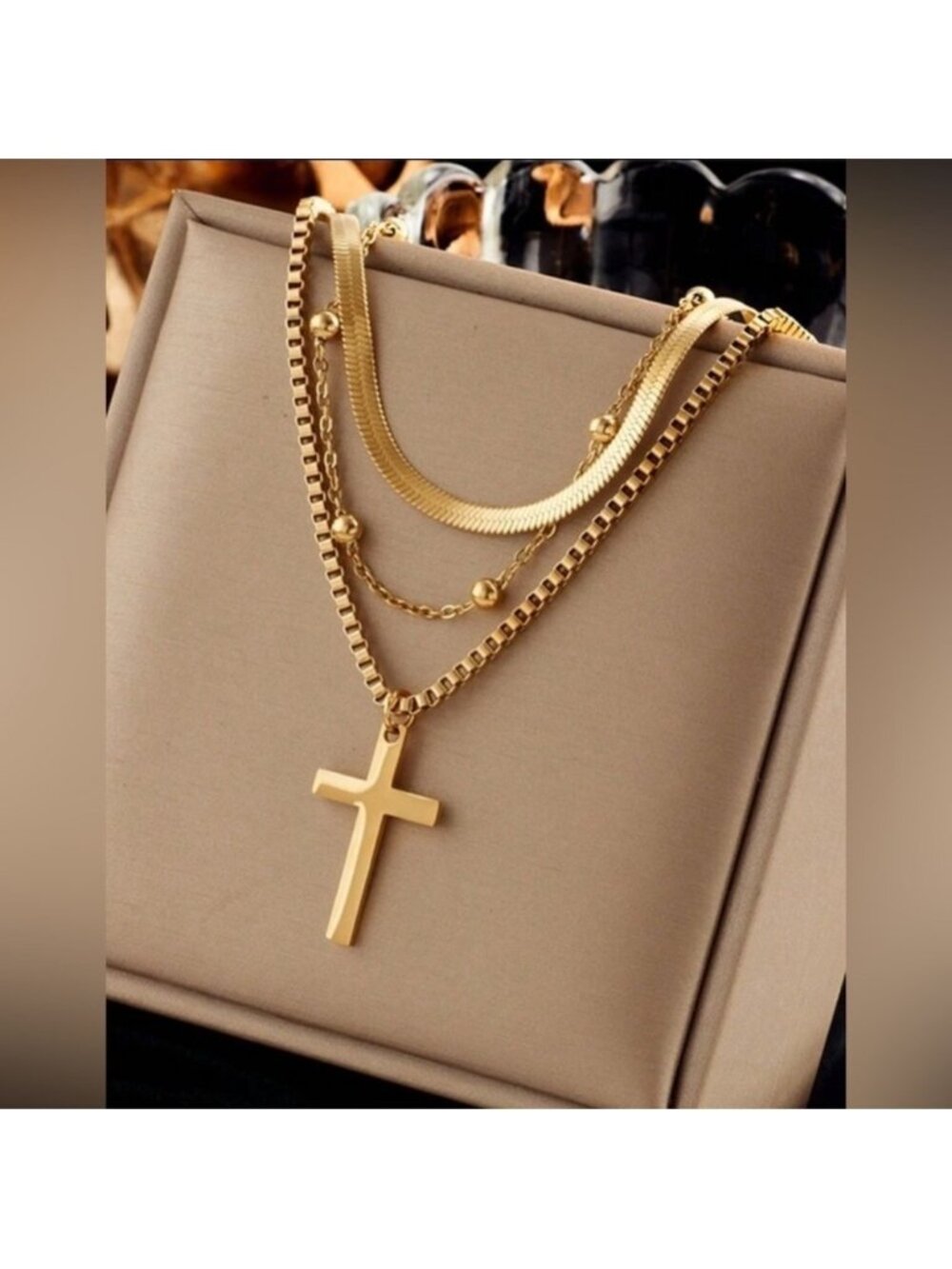 Gold Plated Stainless Steel Layered Cross Pendant Necklace